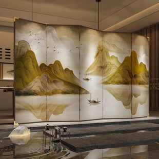 新中式 聚财金山 实木屏风隔断卧室遮挡家用玄关客厅公司酒店茶室