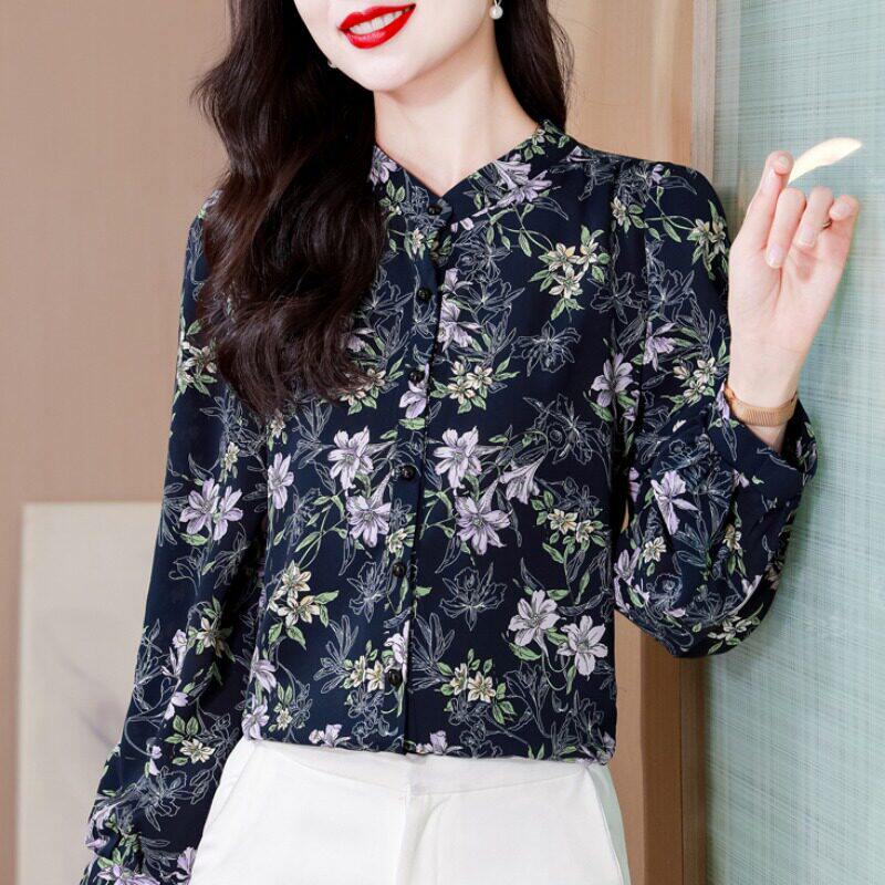 奥特莱斯清仓捡漏中年妈妈立领碎花长袖衬衫女士春秋开衫雪纺衬衣