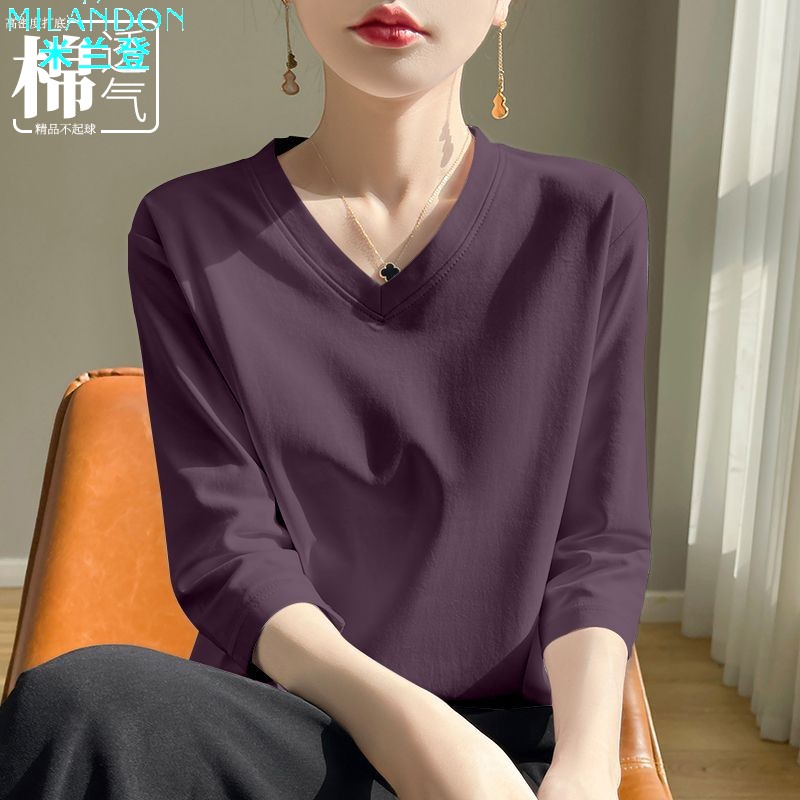 米兰登官方舰旗店纯色新款夏季时尚百搭宽松七分袖T恤女圆领显瘦图片