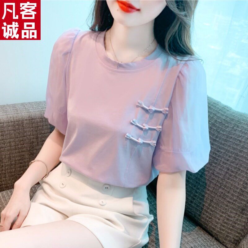 凡客诚品2026夏季新款盘扣短袖t恤女设计感小众宽松网纱泡泡袖上