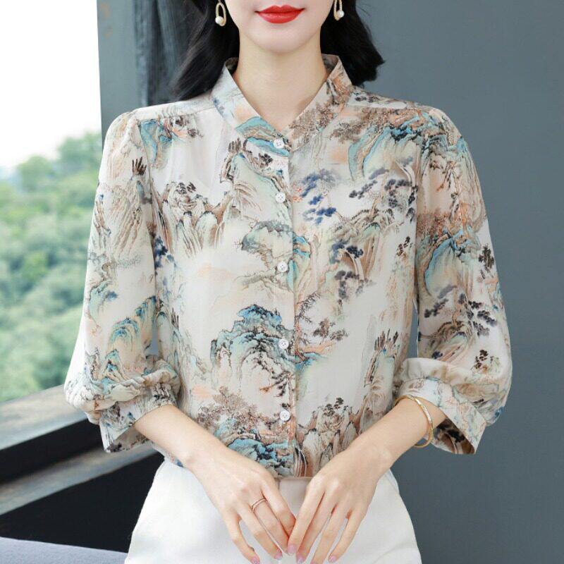 奥特莱斯清仓捡漏中年妈妈春装2026新款立领印花七分袖雪纺衬衫女