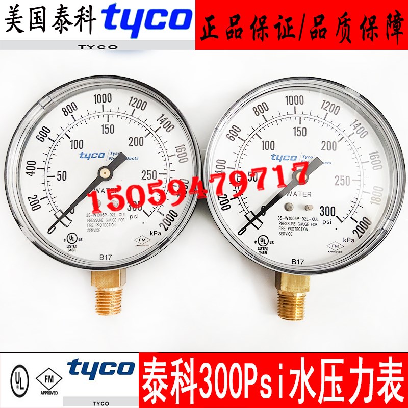 tyco美国泰科水压力表湿式报警阀组专用配件300psi水压力表FM认证