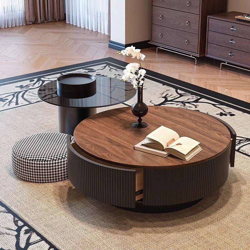 中古风圆形实木茶几组合小户型客厅家用简约现代轻奢感茶几桌