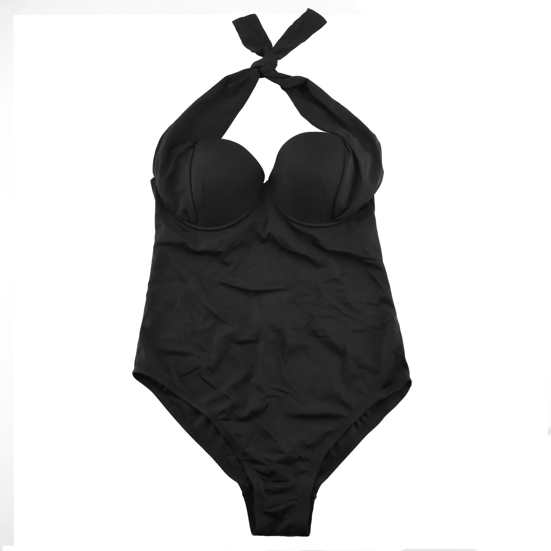 带胸垫带钢圈大胸大罩杯三角连体保守泳衣黑色露背无袖欧美原单