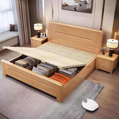 北欧实木床现代简约小户型家用榉木双人大床高箱储物婚床工厂直销