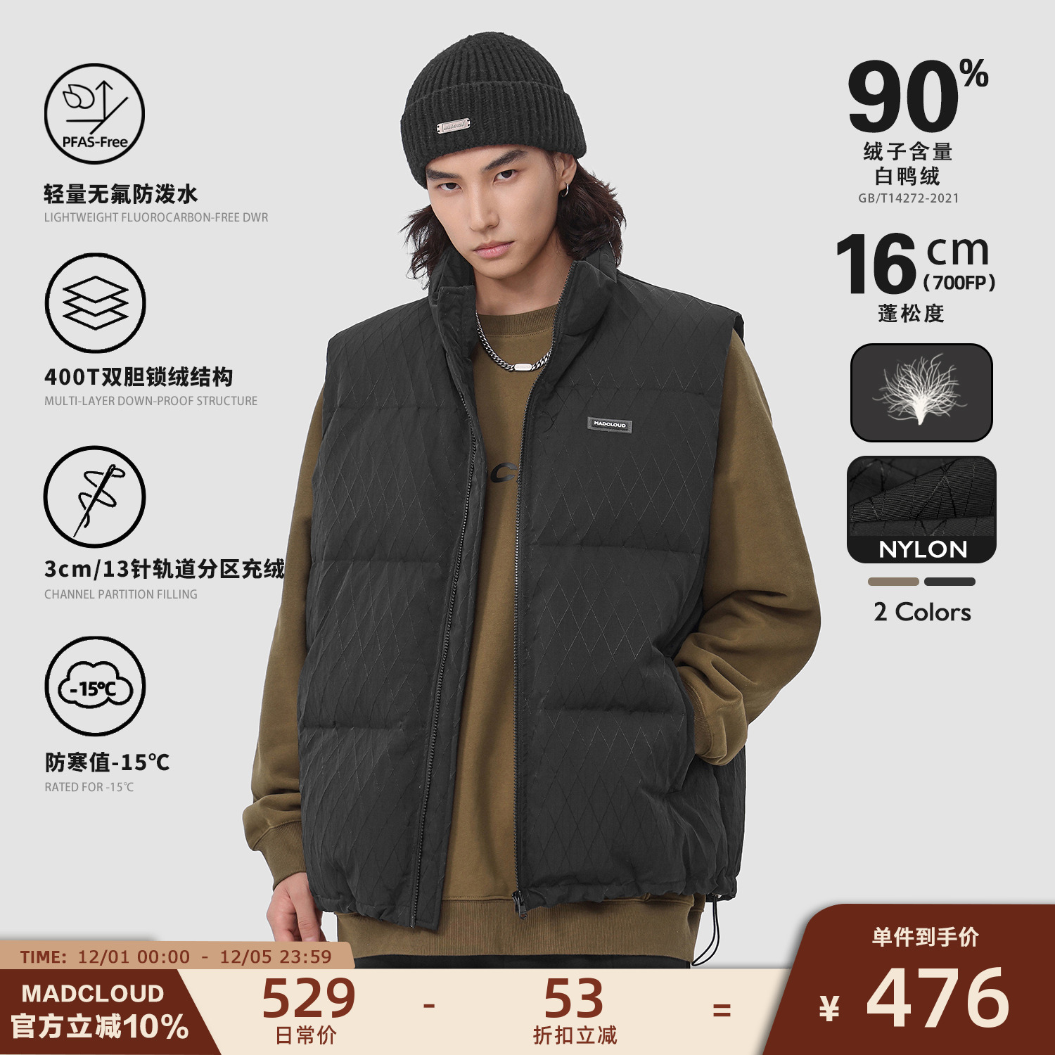 Madcloud美式复古90绒羽绒马甲