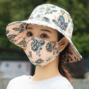 新款 一体防晒帽干活渔夫帽女太阳夏季 口罩遮阳采紫外线妈妈茶大沿