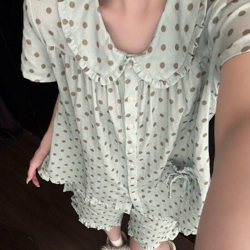 娃娃领花边薄荷绿波点睡衣女夏季短袖短裤开衫套装少女家居服