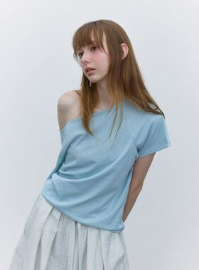 【玳禾】夏季新款休闲冰爽棉简约纯色百搭一字肩短袖T恤上衣H7994