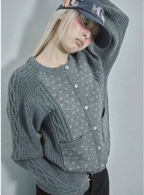 现货h*ugyourskin新款花边圆领爱心小碎花针织开衫复古轻亚感毛衣