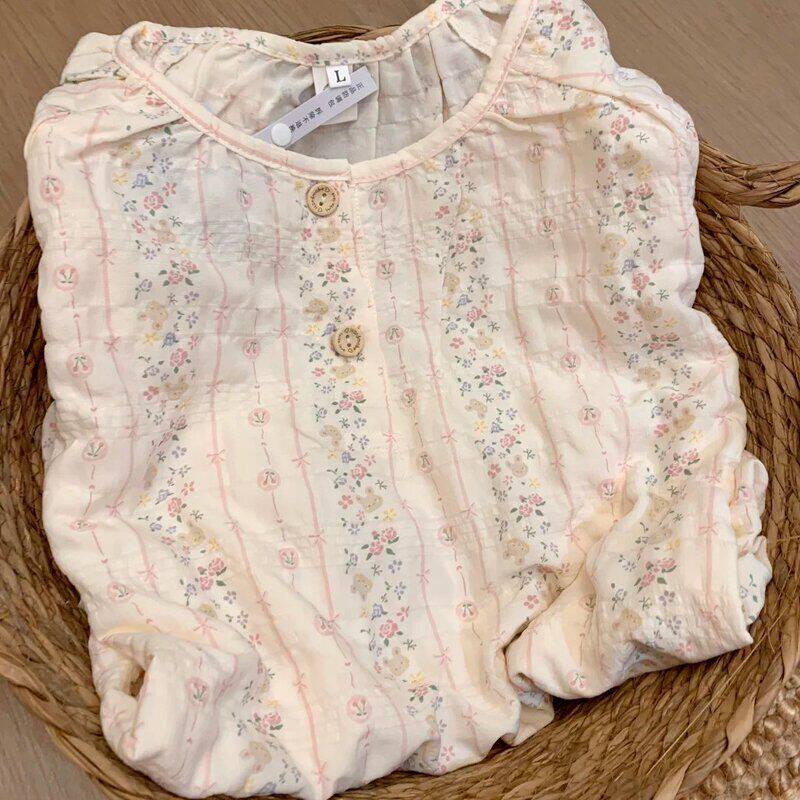 田园风蕾丝花边条纹碎花睡衣夏季短袖短裤开衫两件套少女家居服