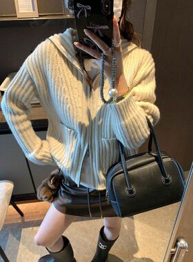 摩且 老钱高智感 时髦双拉链大翻领粗针坑条肌理毛衣外套 MQ0697