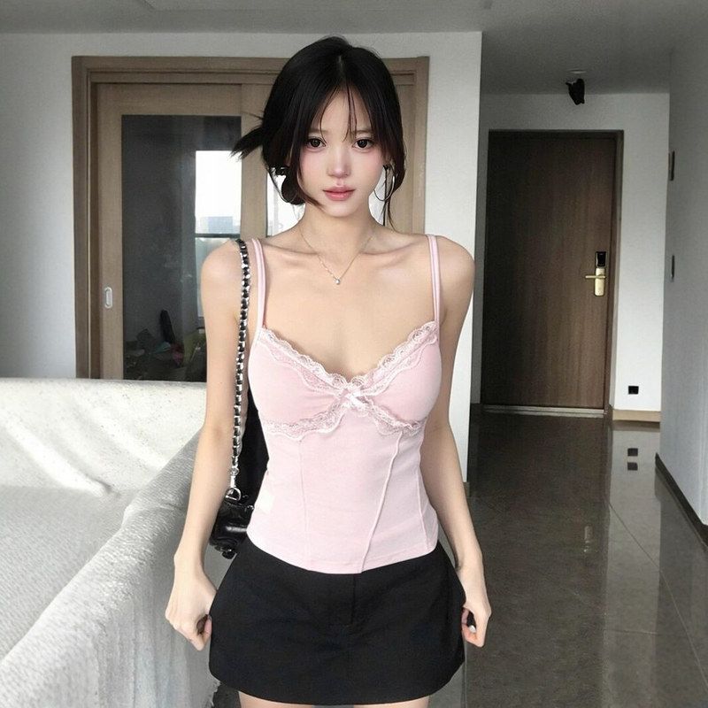 【260克人棉莫代尔】粉色蕾丝吊带背心女夏季新款带胸垫辣妹上衣