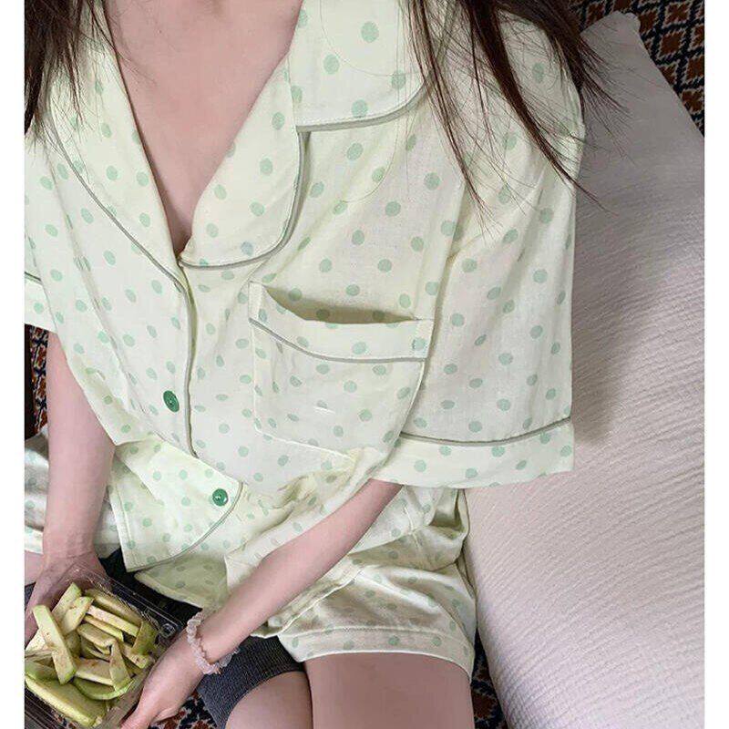 新款绿色小清新波点睡衣女夏季短袖短裤开衫两件套少女休闲家居服