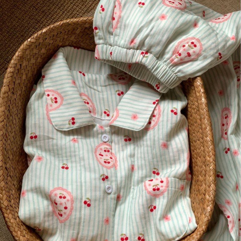 绿条纹小樱桃~上新！可爱软萌棉纱睡衣套装印花长袖家居服