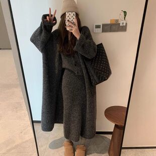 秋冬新款法式高级感中长款针织开衫无袖背心女毛衣外套两件套装潮