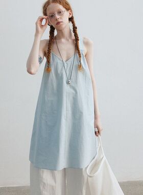 【玳禾】夏季新款V字领休闲长绒棉 简约纯色系带中长连衣裙H8611