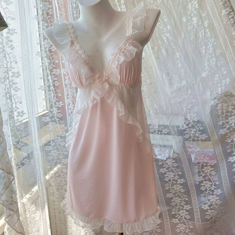 日系冰丝睡衣女夏双色蝴蝶结吊带睡裙套装甜美性感薄款女生家居服