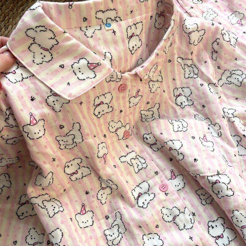 甜美简约粉条纹狗睡衣女春秋季新款长袖长裤学生家居服两件套
