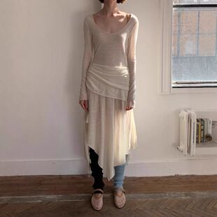 现羊毛天丝少女芭蕾风轻薄不规则下摆温柔大Ｕ领连衣裙设计感长裙