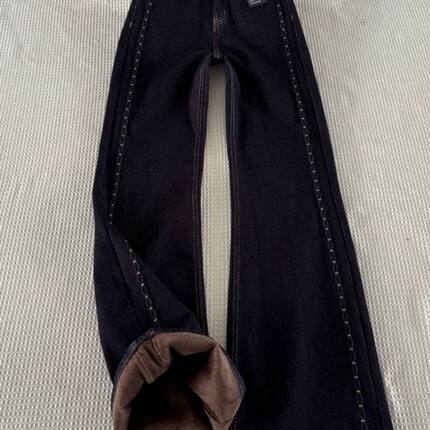 复古丹宁蓝加绒微喇叭牛仔裤女胖妹妹mm冬季加厚不贴腿显瘦拖地裤