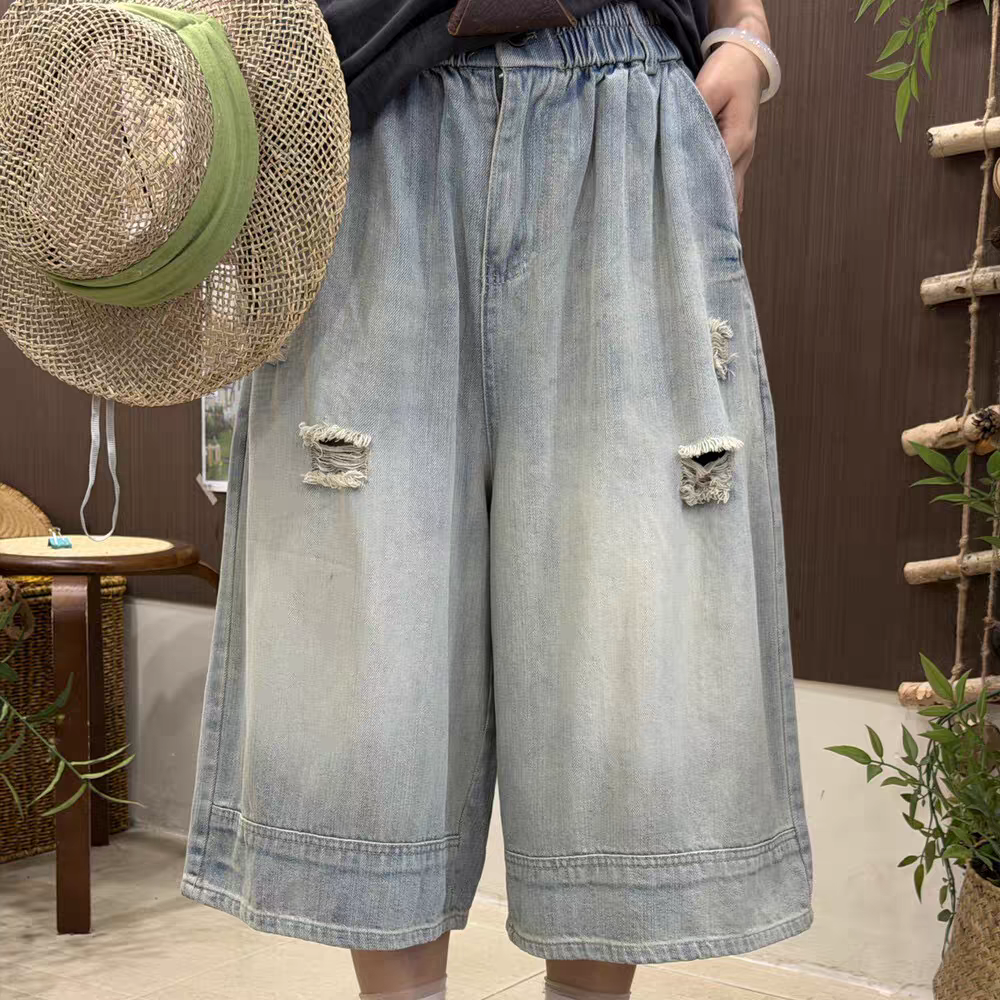 浅蓝色破洞牛仔短裤男女夏季薄款高街百搭水洗宽松直筒休闲7分裤