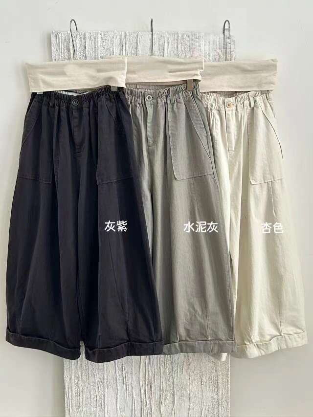 洗水棉阔腿九分裤女早秋日系松紧休闲裤