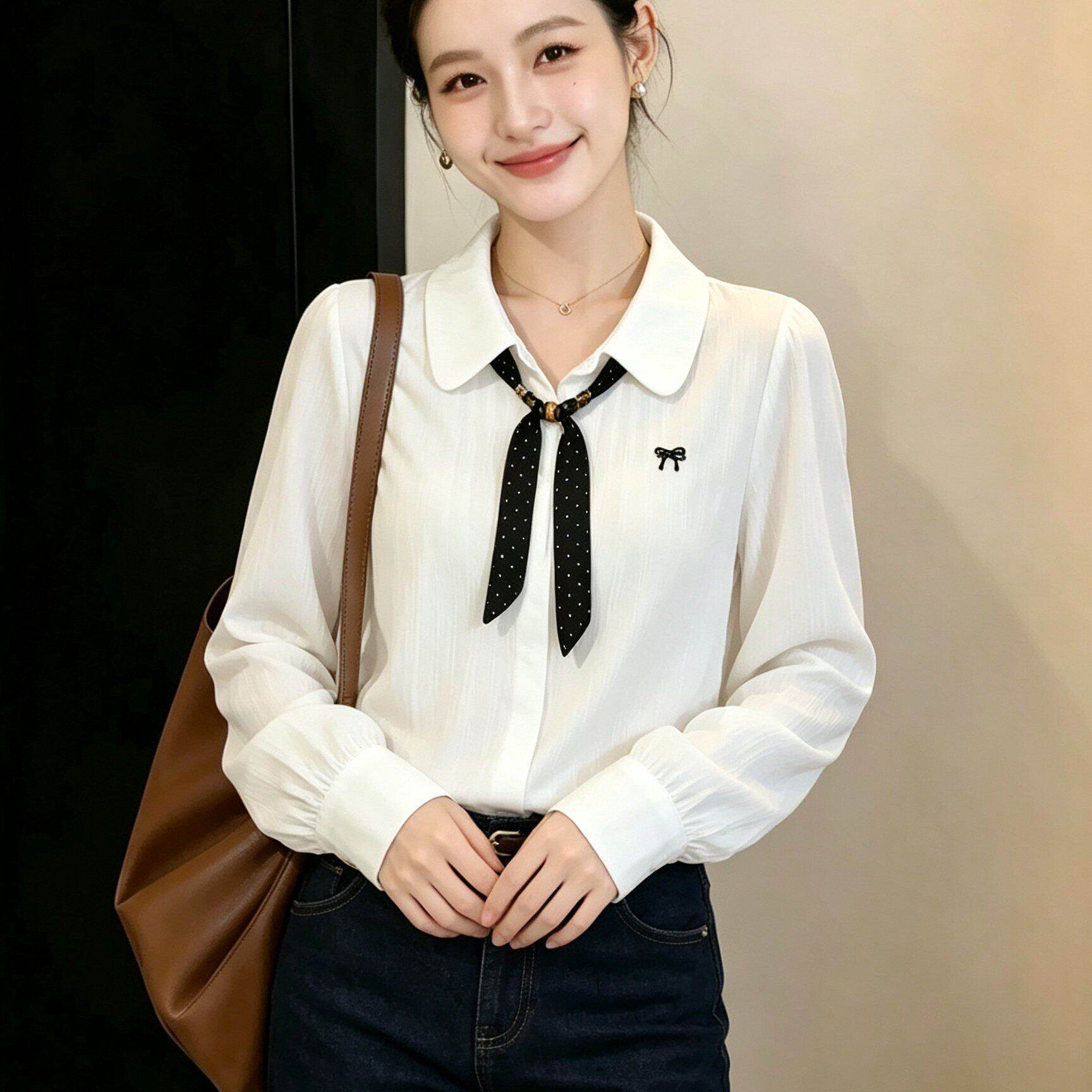 大码白色polo领长袖衬衫