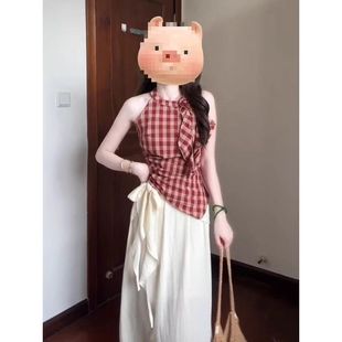 法式复古格纹荷叶边挂脖背心不规则上衣女夏高腰绑带半身裙两件套