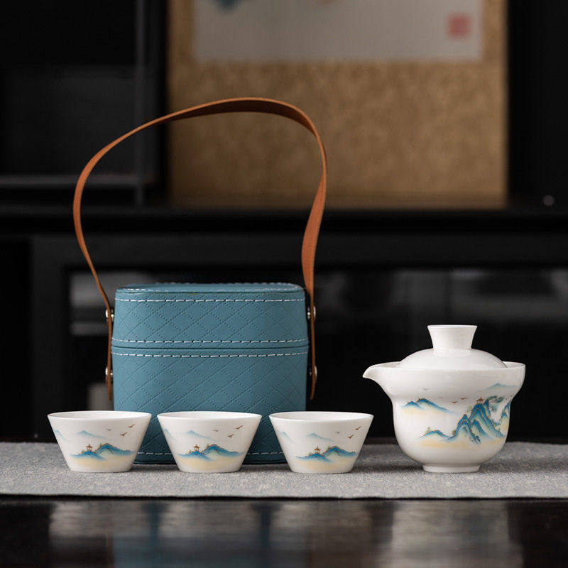旅行茶具套装羊脂玉一壶三杯中国旅行茶具
