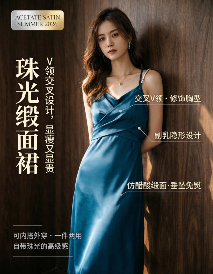 仿醋酸缎面V领交叉吊带连衣裙