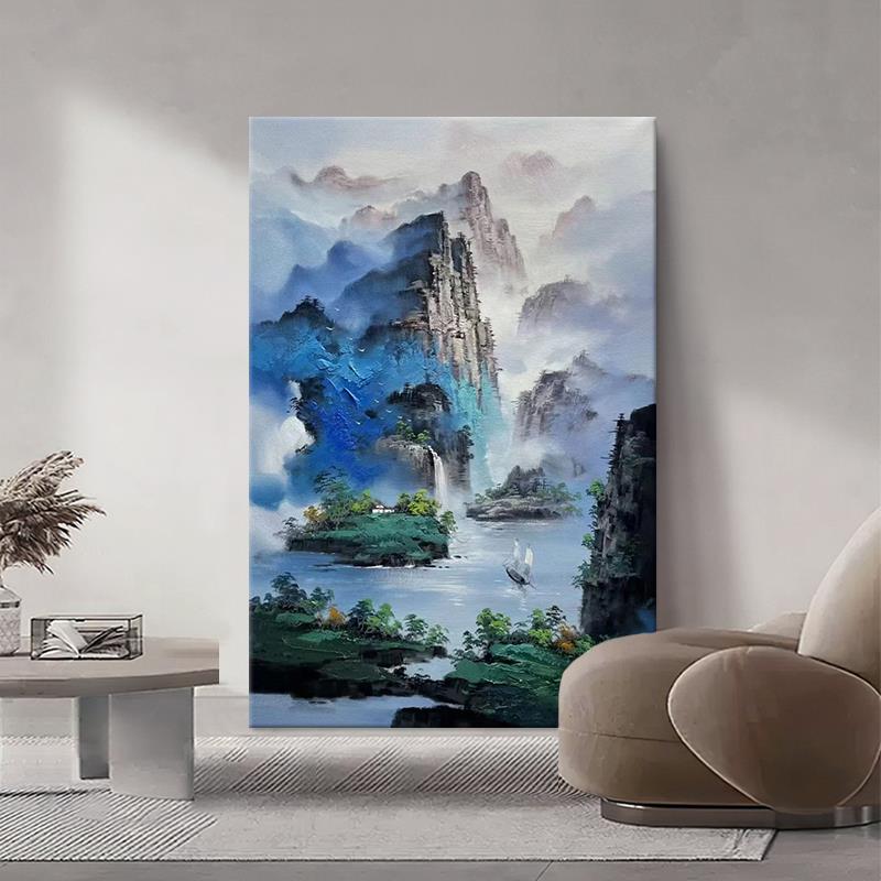 高山流水纯手绘油画新中式玄关装饰画客厅抽象青绿山水肌理画挂画