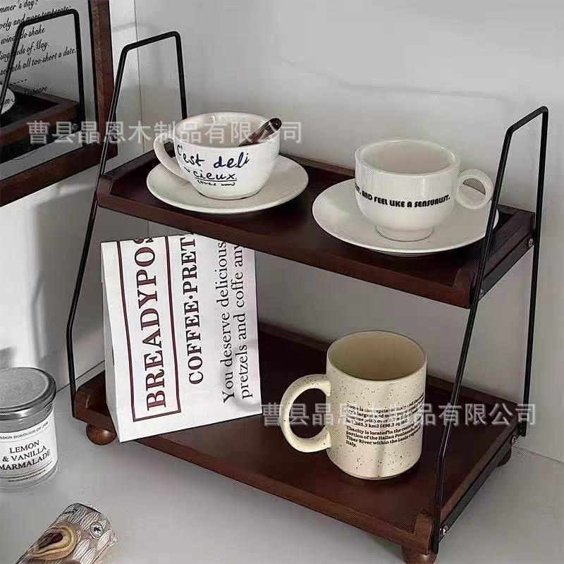 跨境复古铁艺置物架多用途双层杯架厨房台面调料罐收纳展示支架