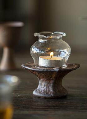 老岩泥黄色玻璃罩烛台复古茶室氛围感摆件蜡烛粗陶香熏小夜灯