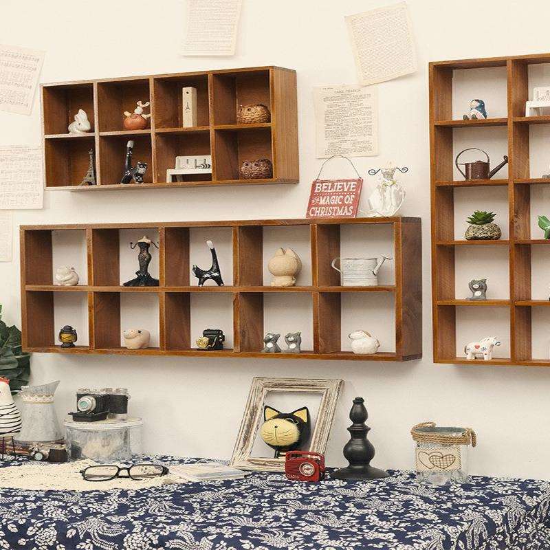 墙上置物架墙壁挂墙收纳盒免打孔实木格子墙面装饰柜挂架桌面复古