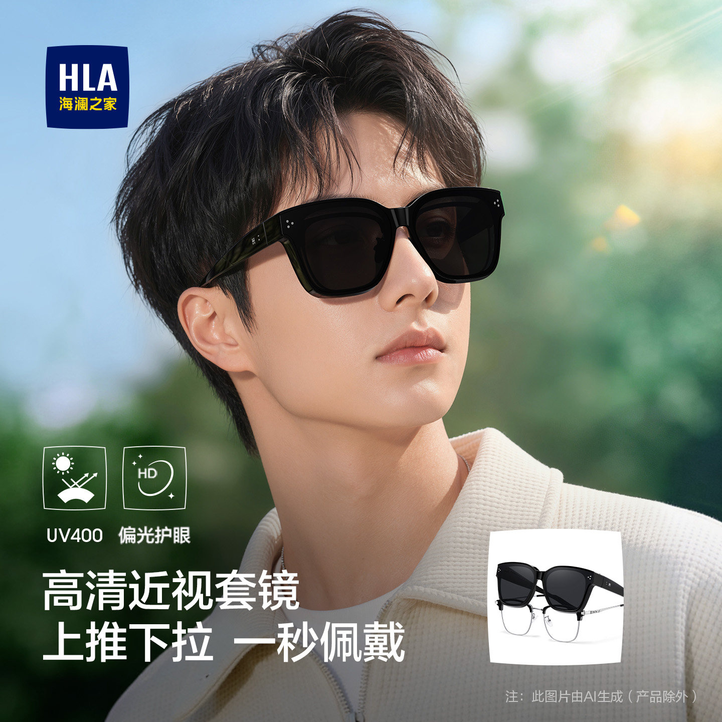 海澜之家高清偏光太阳镜套镜男女款时尚铆钉可套近视眼镜防晒墨镜