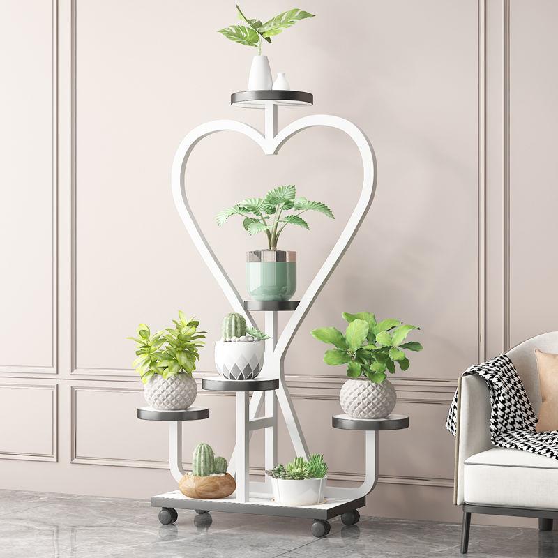 花架置物架家用客厅阳台绿萝花盆架铁艺多层带轮落地式心形花架子