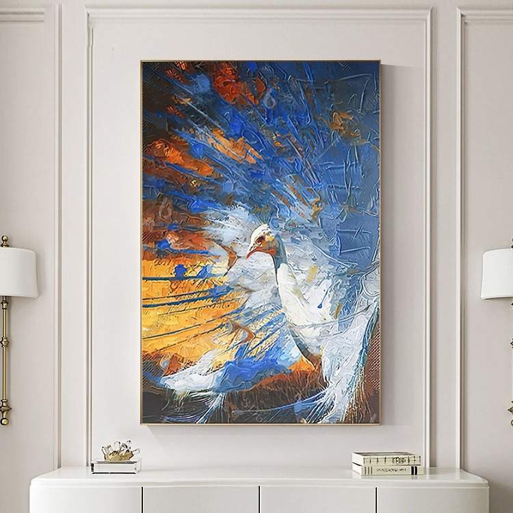客厅装饰画现代简约北欧风孔雀手绘实物画玄关走廊过道抽象油画图片