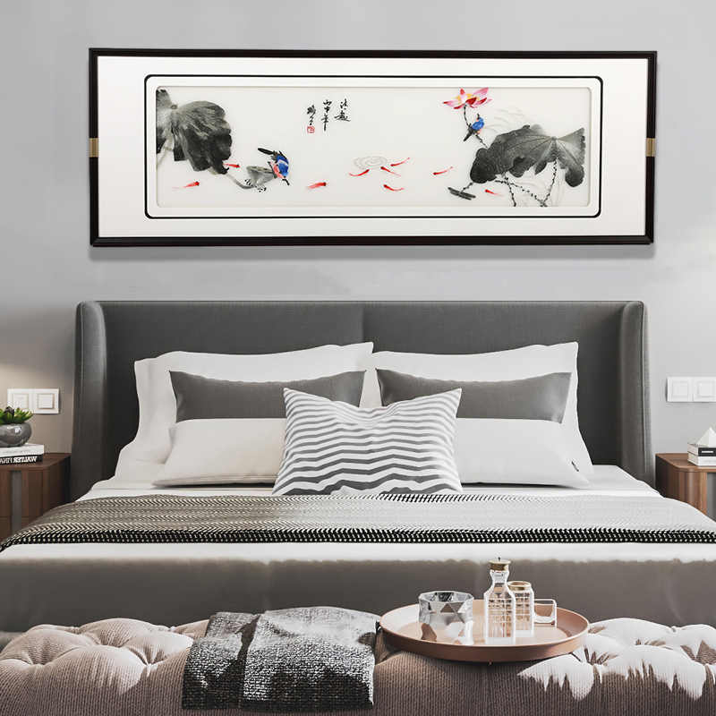 新中式床头挂画国风苏绣实木框餐厅卧室背景墙高档荷花刺绣装饰画图片