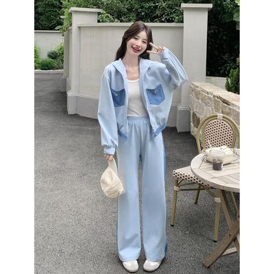 蓝色盐甜系穿搭连帽卫衣套装女秋2025新款休闲显瘦运动长裤两件套