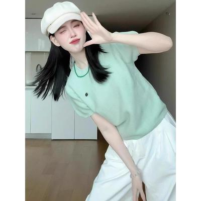 薄荷曼波绿冰丝针织正肩短袖t恤女夏季高级感小个子独特绝美上衣