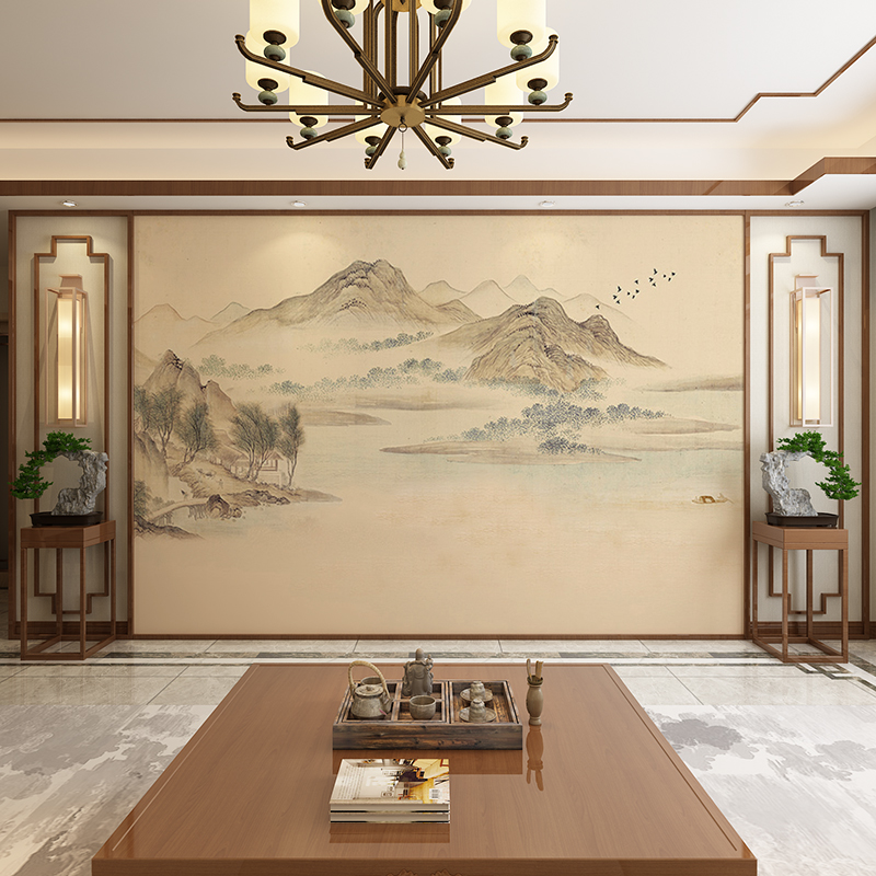 新中式电视背景墙壁画定制墙纸8d立体山水画壁纸客厅墙布背景墙