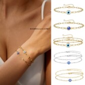 evil eye土耳其恶魔之眼手链 不锈钢蓝眼睛双层链条叠带手环手饰