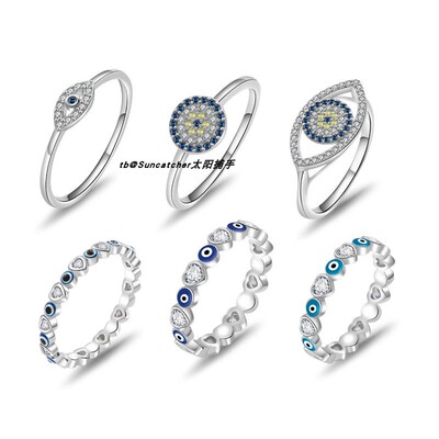 Evil Eye恶魔之眼戒指 爱心镶锆石蓝眼睛指环 ring
