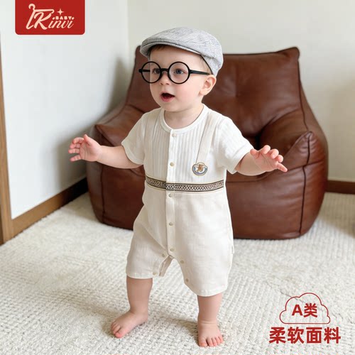 夏季新生儿北欧风背带假两件连体