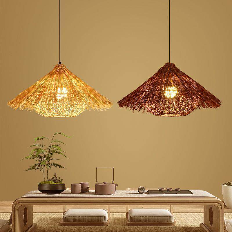 创意个性草帽吊灯藤编编织艺术灯罩仿古民宿灯具饭店餐厅竹编灯笼