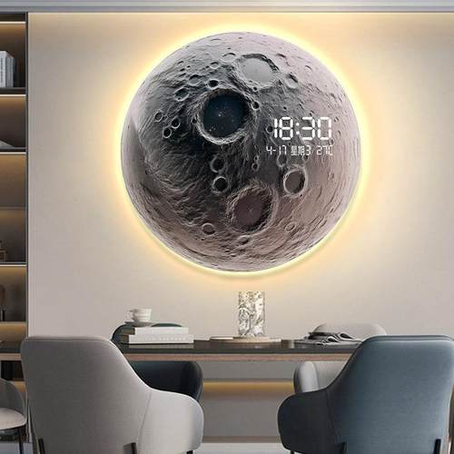 月球电子钟圆形装饰画卧室玄关发光灯万年历时钟挂画餐厅钟表壁画
