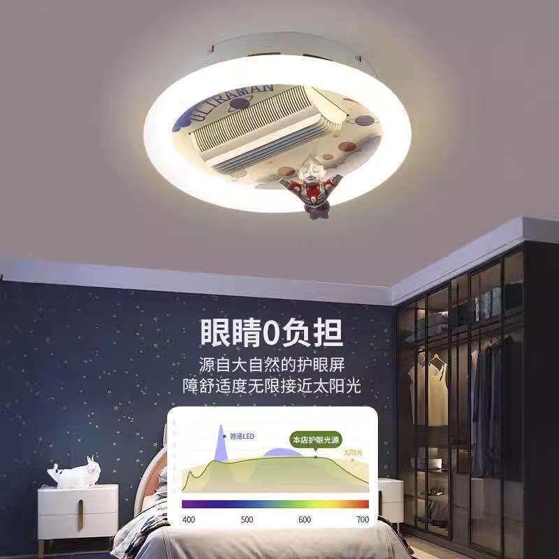 儿童房无叶风扇灯男孩卧室灯全光谱卡通滚筒智能房间吸顶灯