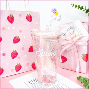 精子玻璃吸管杯美创意礼品颜值女生日礼物樱花水杯闺蜜送少女心高