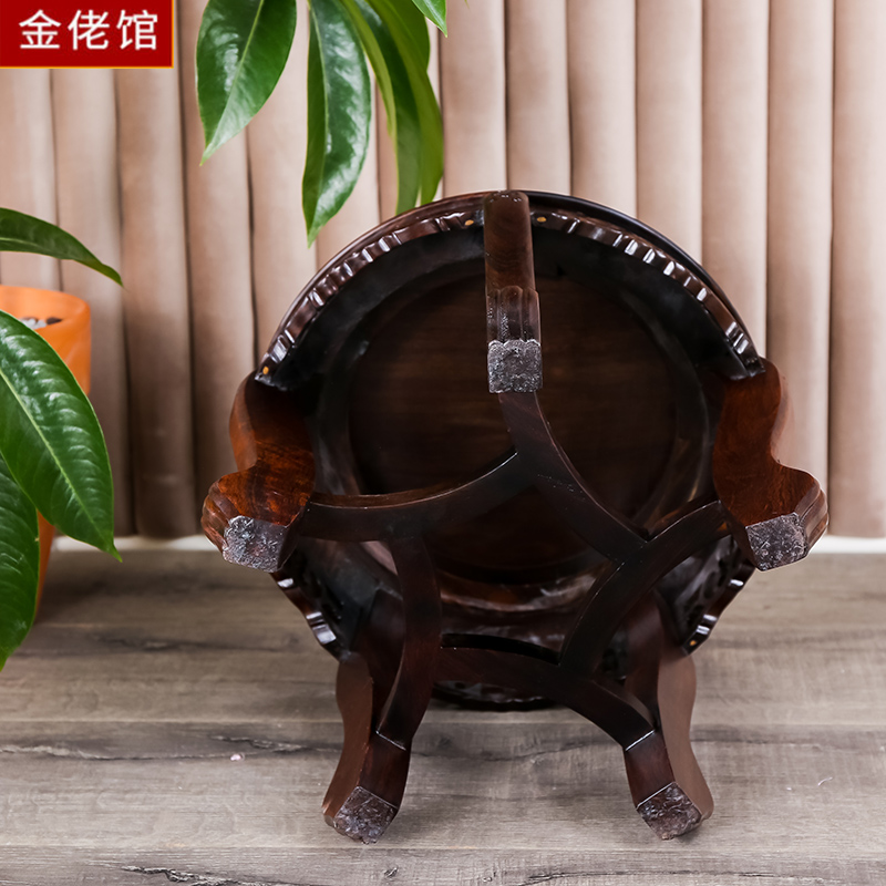 实木圆形客厅落地花架非洲黑檀木雕花瓶花盆石头底座摆件红木花几